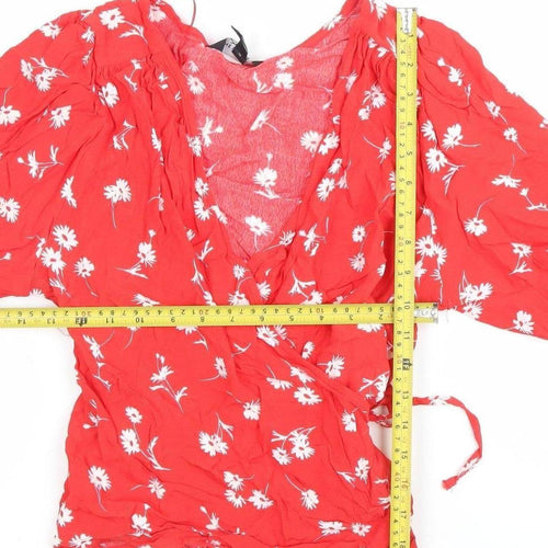 New Look Women Red Floral Wrap Blouse Size 10 Puff Sleeve
