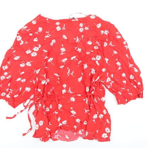 New Look Women Red Floral Wrap Blouse Size 10 Puff Sleeve