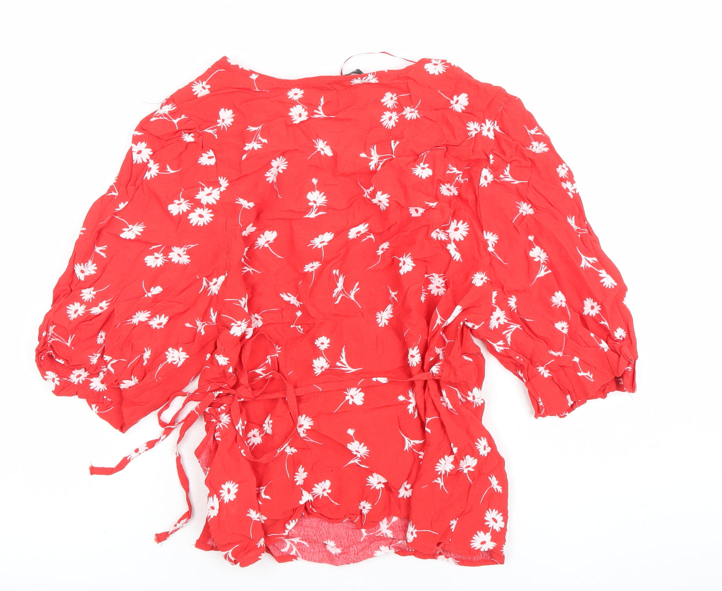 New Look Women Red Floral Wrap Blouse Size 10 Puff Sleeve