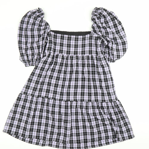 H&M Divided Women’s Black Check Skater Dress Size 10 Puff Sleeve