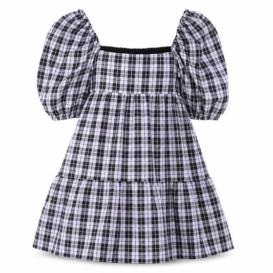 Front view of H&M Divided Women’s Black Check Skater Dress, size UK 10, Puff Sleeve