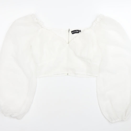 PrettyLittleThing Women’s White Cropped Blouse Size 8 Puff Sleeve Sweetheart Neckline