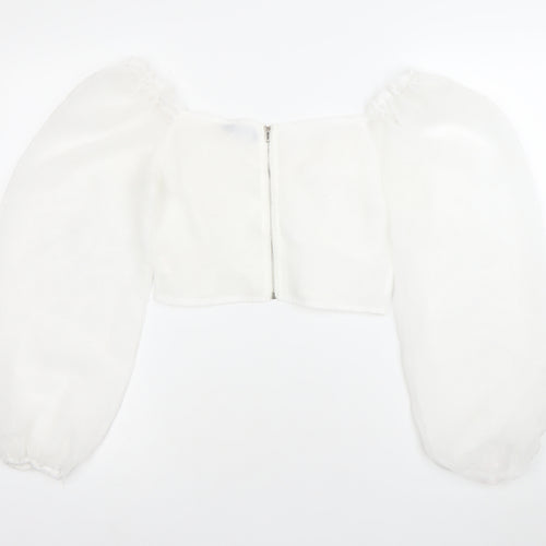 PrettyLittleThing Women’s White Cropped Blouse Size 8 Puff Sleeve Sweetheart Neckline