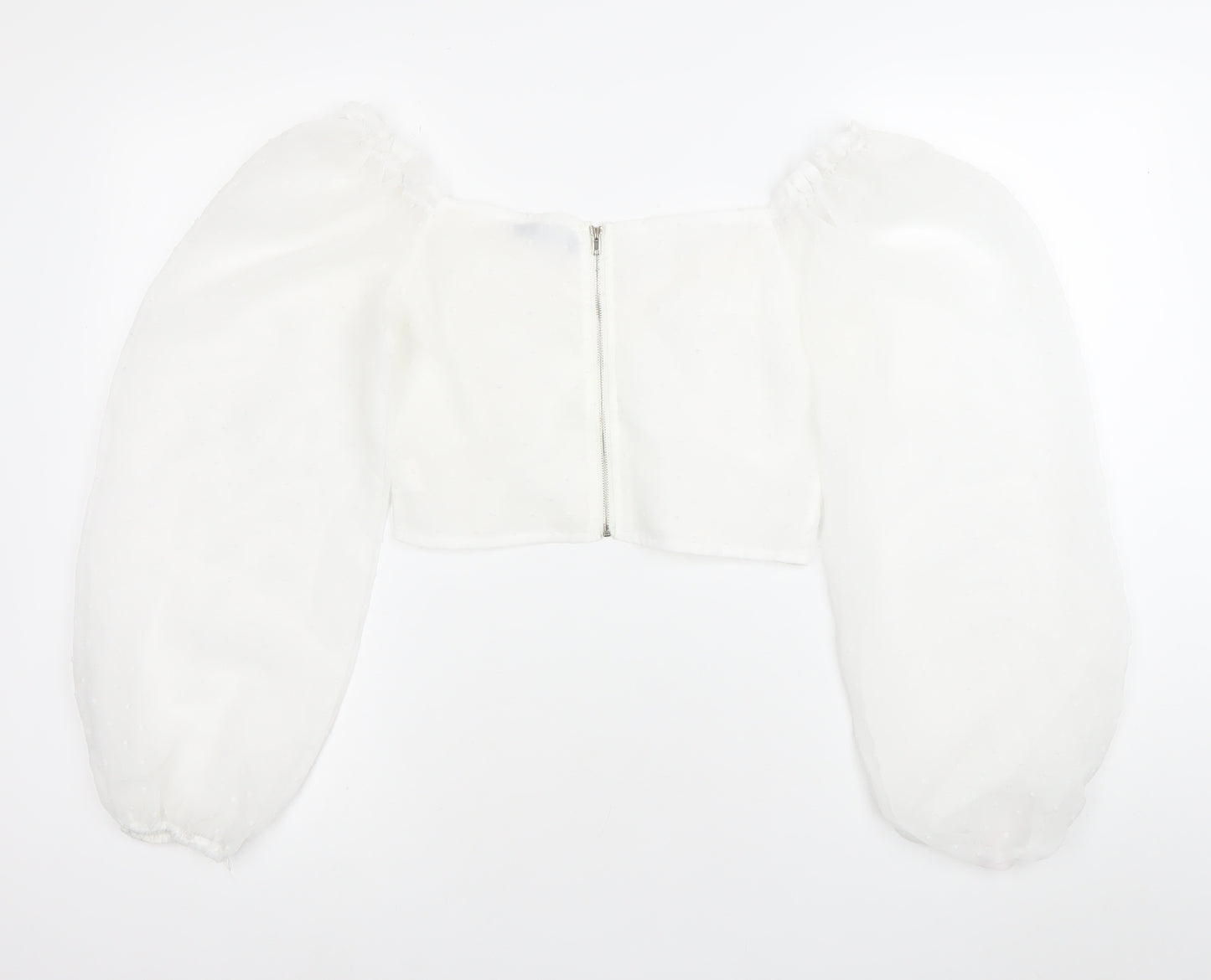 PrettyLittleThing Women’s White Cropped Blouse Size 8 Puff Sleeve Sweetheart Neckline