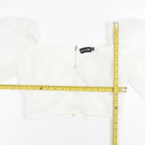 PrettyLittleThing Women’s White Cropped Blouse Size 8 Puff Sleeve Sweetheart Neckline