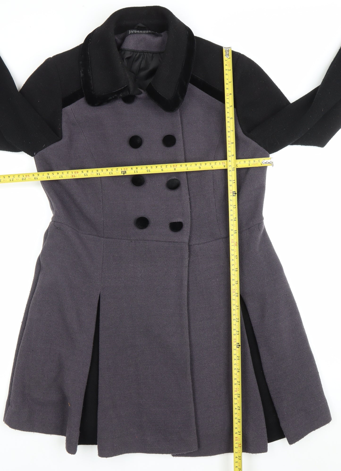 Sugarhill Boutique Women’s Grey Black Pea Coat UK 16 Double Breasted