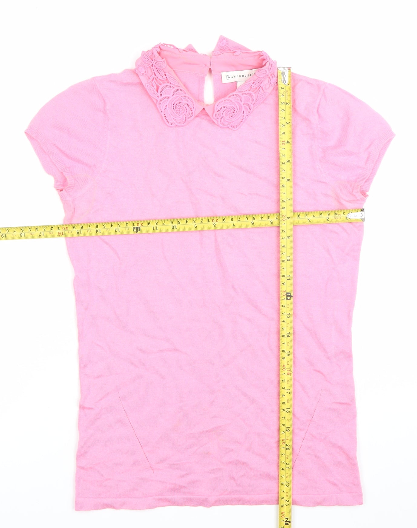 Warehouse Women’s Pink Lace Collar Blouse Size 8 Short Sleeve