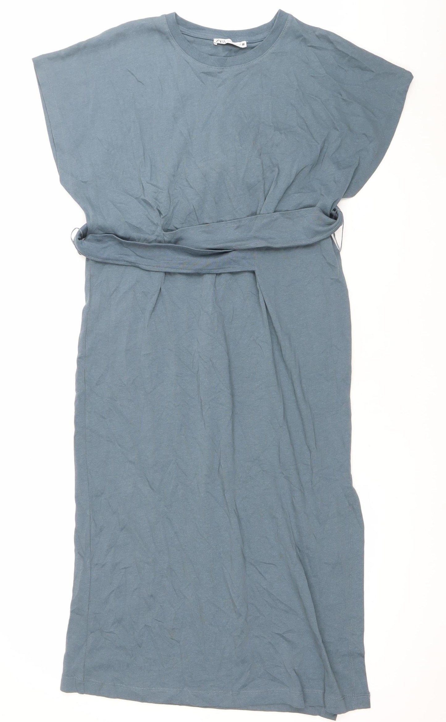 Zara Women Blue Cotton Sleeveless Midi Wrap Dress S