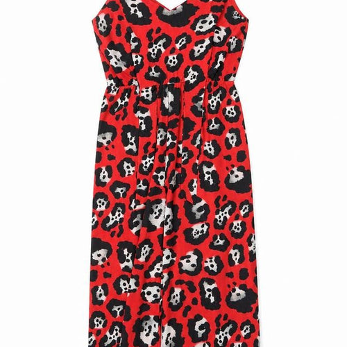 Missi London Women’s Red Animal Print Jumpsuit Size 14 V-Neck
