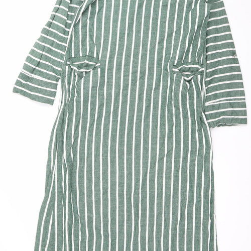 Reekx Women’s Green Striped Midi Shift Dress Size 12 V-Neck