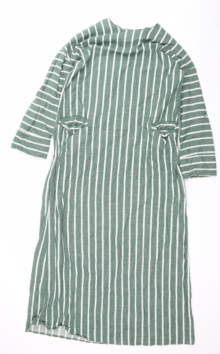 Reekx Women’s Green Striped Midi Shift Dress Size 12 V-Neck