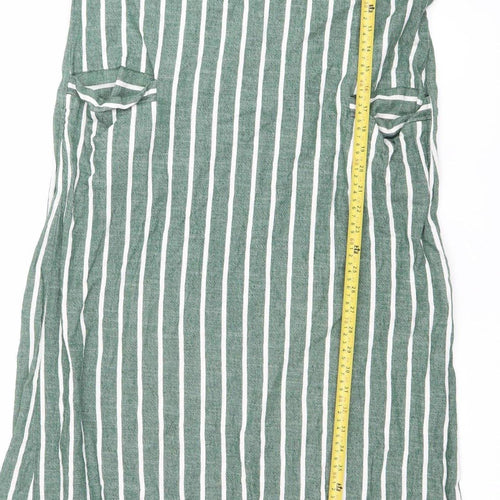 Reekx Women’s Green Striped Midi Shift Dress Size 12 V-Neck
