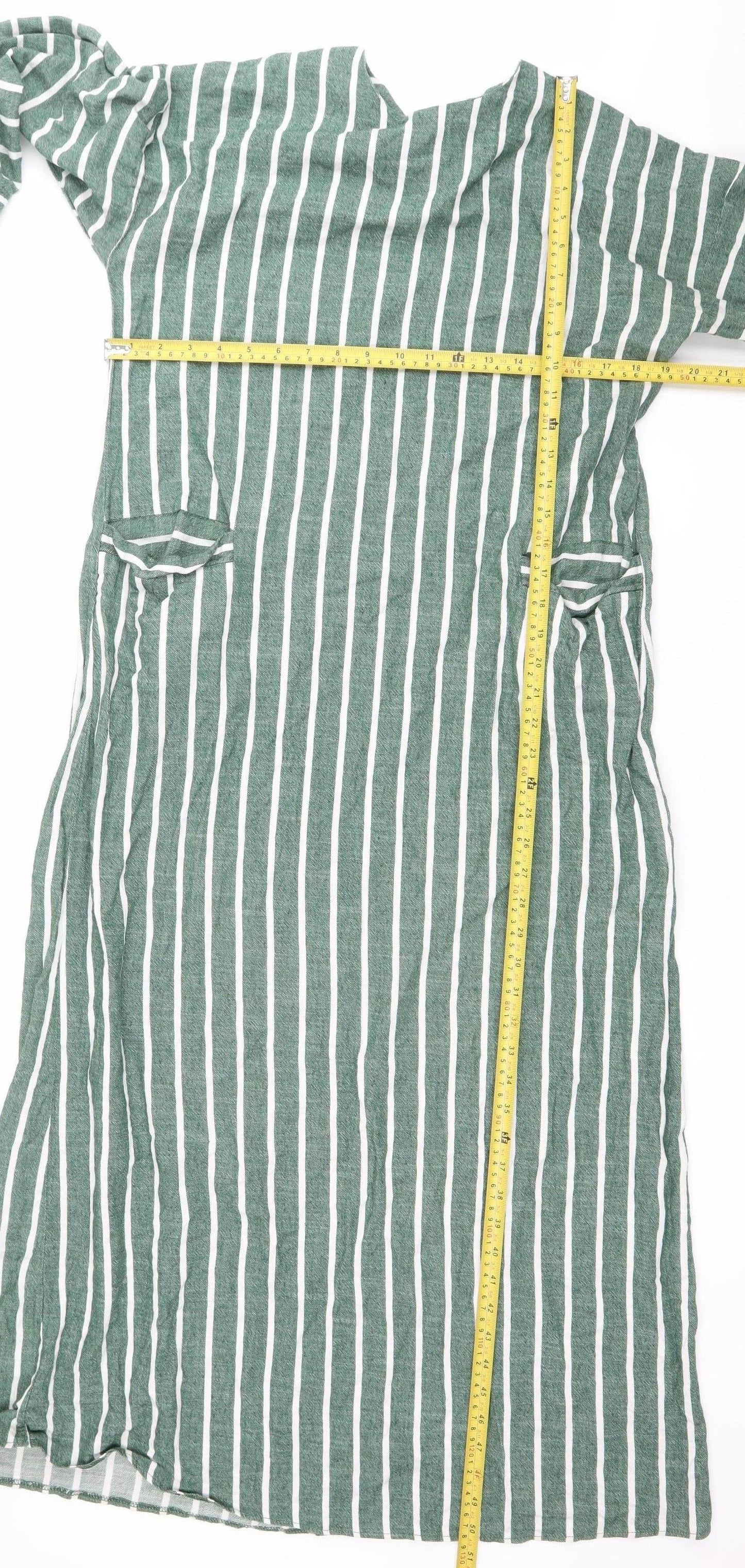 Reekx Women’s Green Striped Midi Shift Dress Size 12 V-Neck