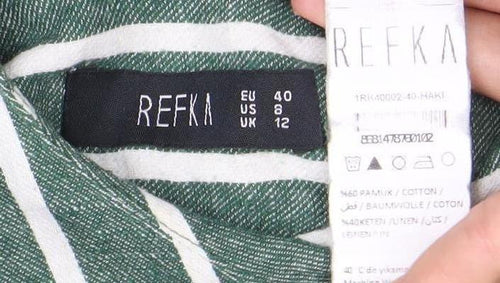 Reekx Women’s Green Striped Midi Shift Dress Size 12 V-Neck