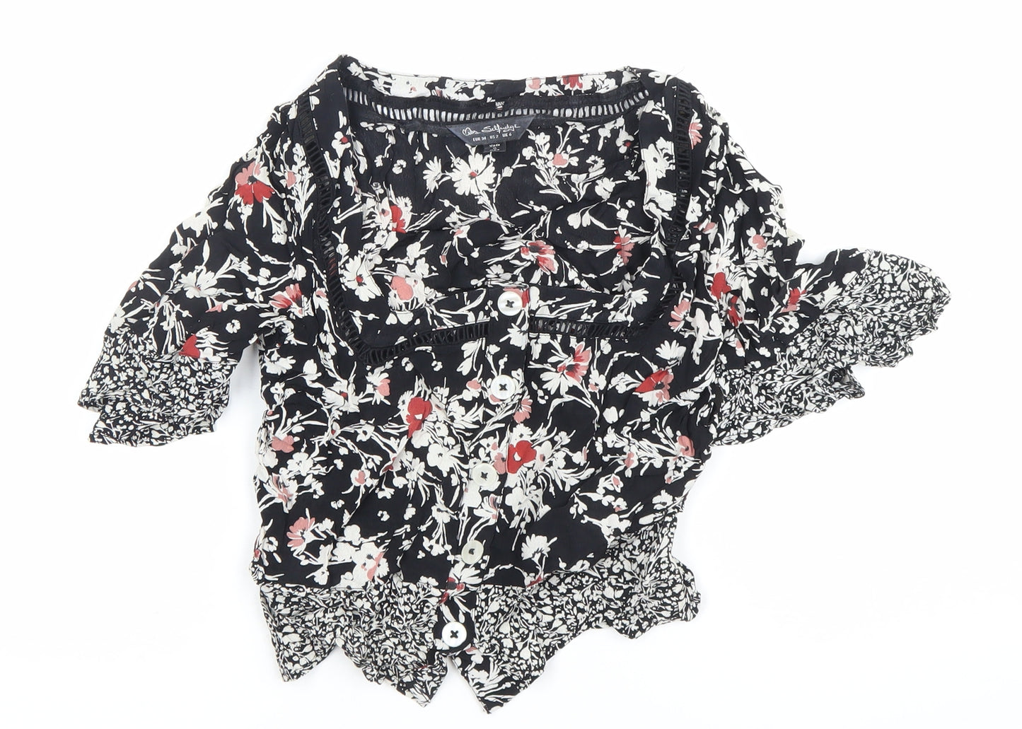 Jane Schofield Womens Black Floral Cotton Tunic Blouse UK 8