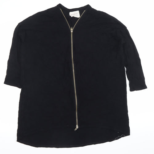 Post Card Womens Black Tunic Blouse L V-Neck Zip 3/4 Sleeve Jersey