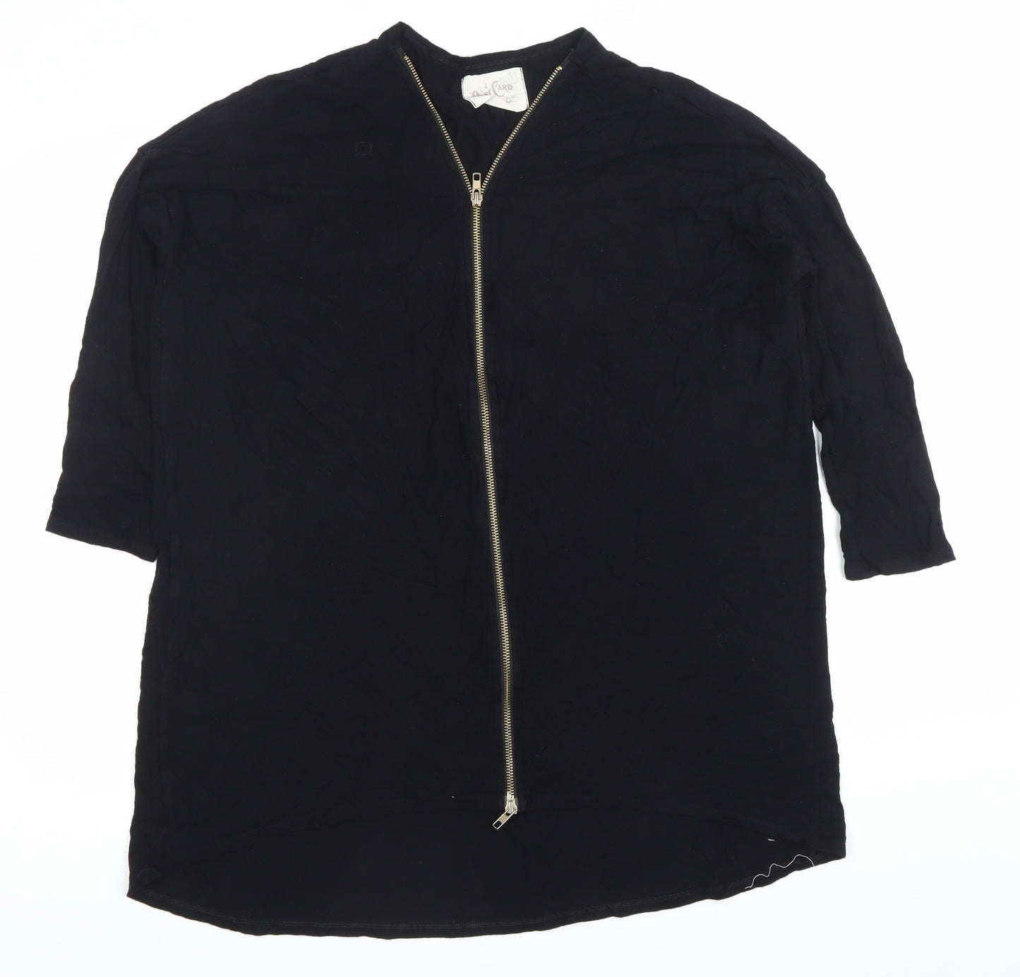 Post Card Womens Black Tunic Blouse L V-Neck Zip 3/4 Sleeve Jersey