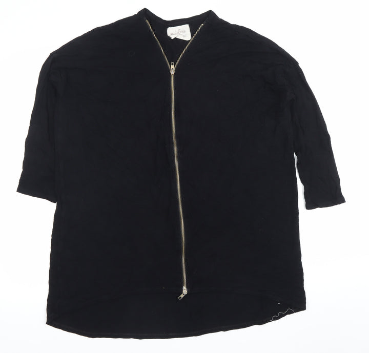 Post Card Womens Black Tunic Blouse L V-Neck Zip 3/4 Sleeve Jersey
