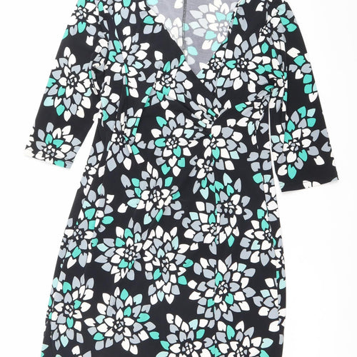 Minuet Petite Womens Black Floral V-Neck Sheath Dress Size 14