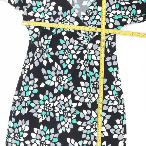 Minuet Petite Womens Black Floral V-Neck Sheath Dress Size 14
