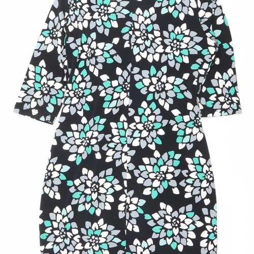 Minuet Petite Womens Black Floral V-Neck Sheath Dress Size 14