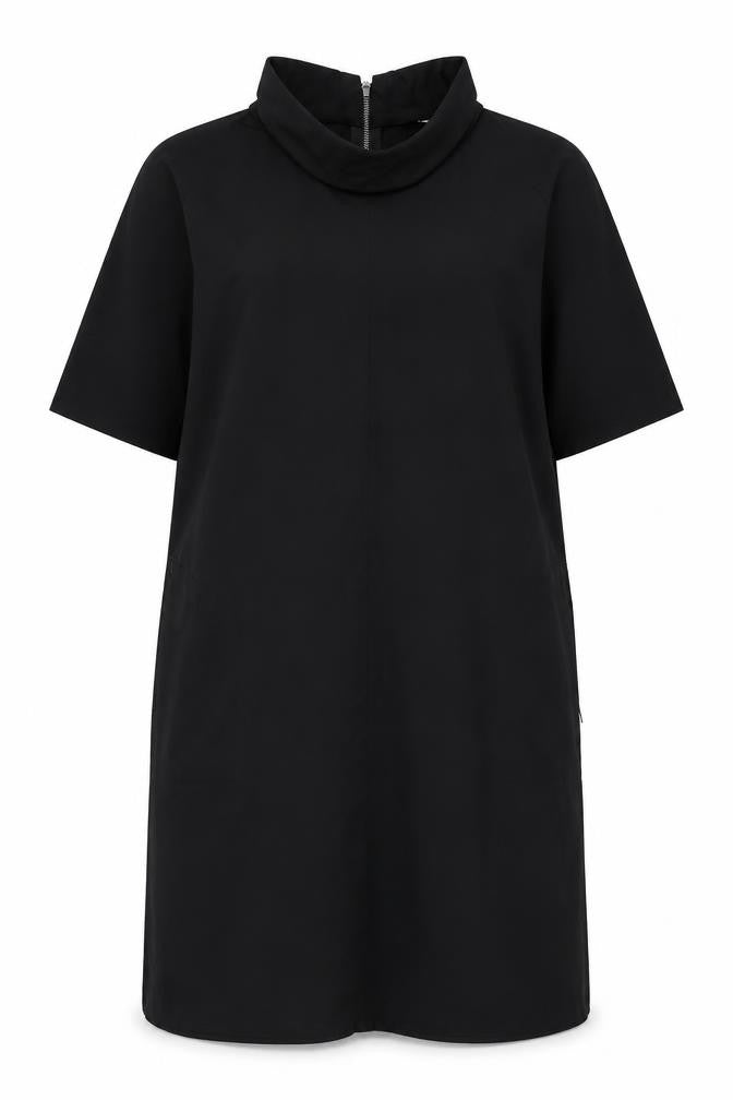 Front view of Women's Black Shift Knee Length Dress, size 16, High Neck Half Sleeve