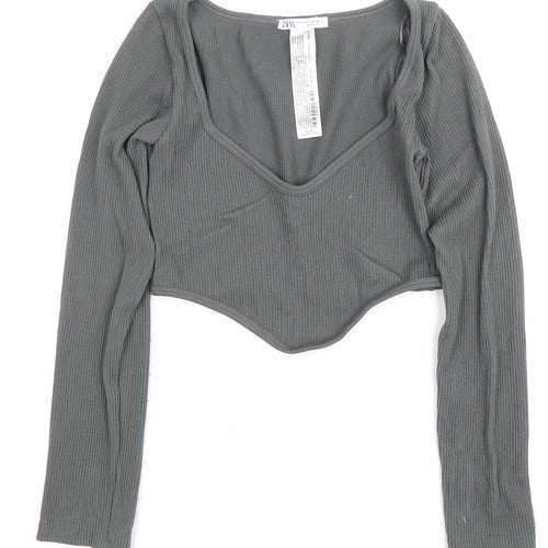 Zara Womens Grey XS Cropped Long Sleeve Knit Scoop Neck Top