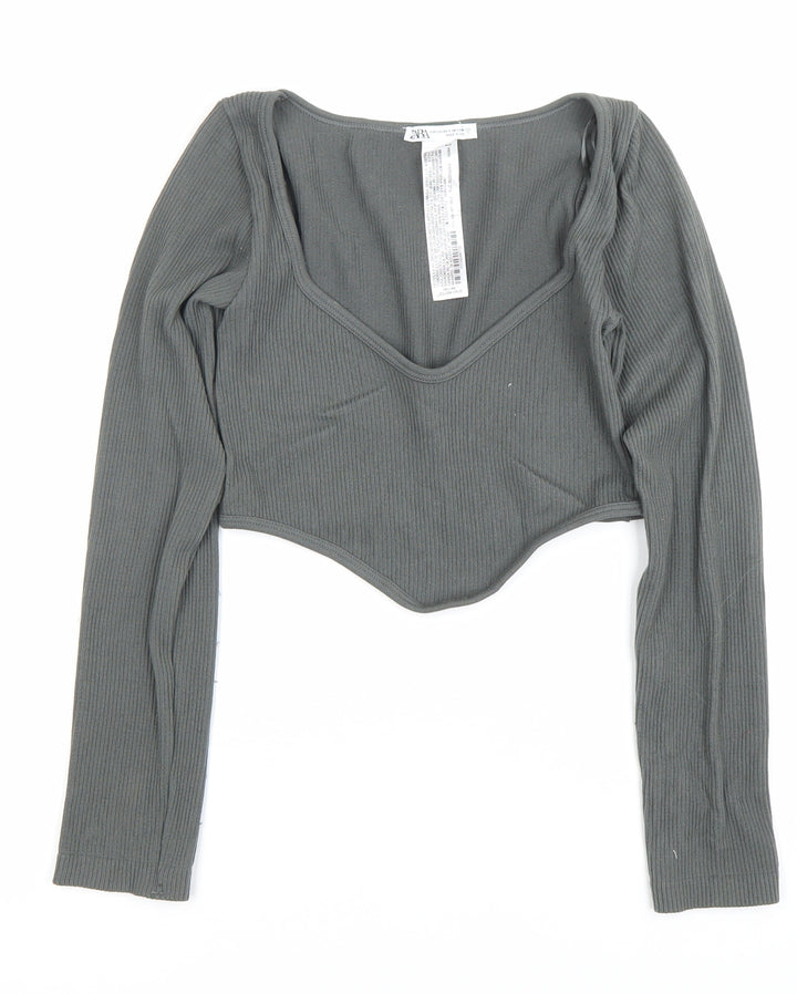 Zara Womens Grey XS Cropped Long Sleeve Knit Scoop Neck Top