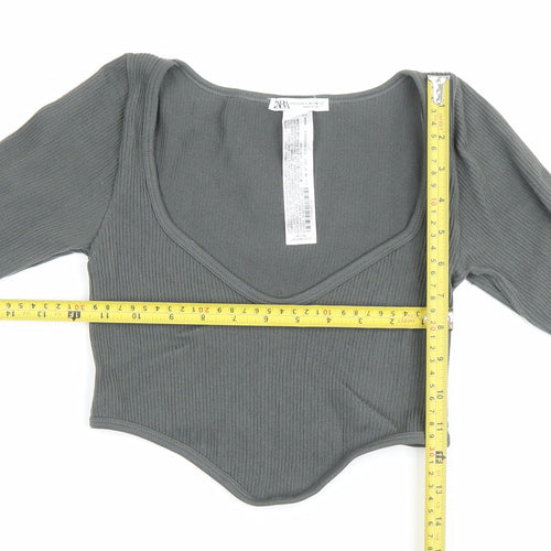 Zara Womens Grey XS Cropped Long Sleeve Knit Scoop Neck Top