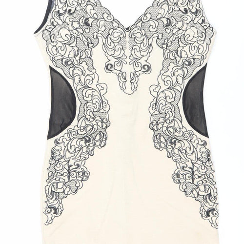 Dazlly Women’s Beige Black Lace Bodycon Knee Dress M