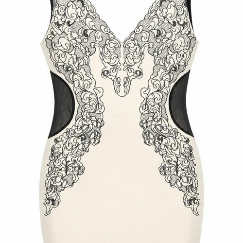 Dazlly Women’s Beige Black Lace Bodycon Knee Dress M