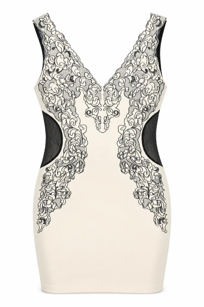 Dazlly Women’s Beige Black Lace Bodycon Knee Dress M