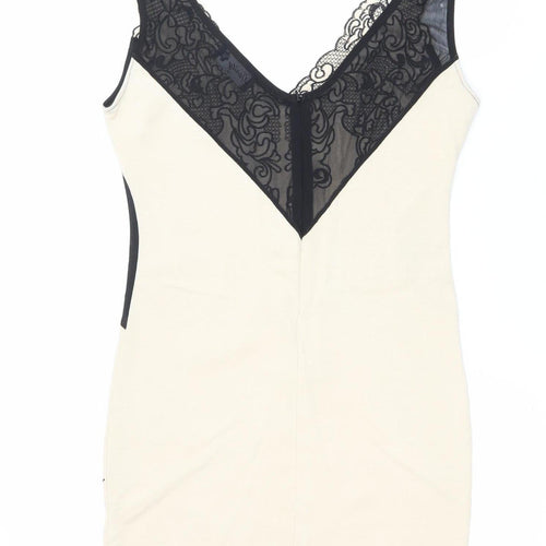 Dazlly Women’s Beige Black Lace Bodycon Knee Dress M