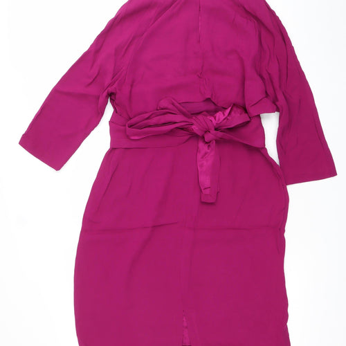 Finery Women Pink Viscose Wrap Dress Size 10 Belted Long Sleeve