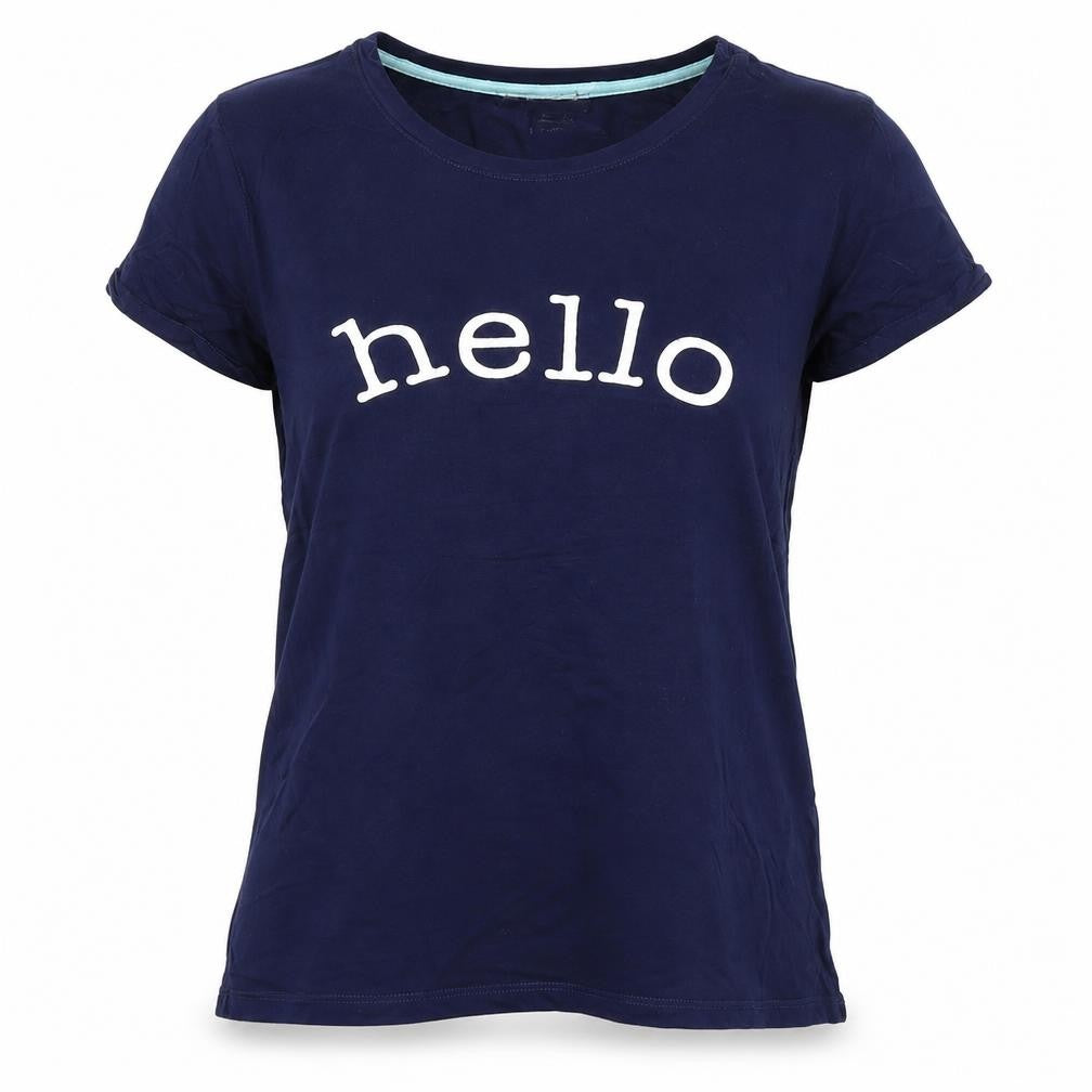 Front view of Oasis women’s blue hello goodbye t-shirt, size S, regular fit casual
