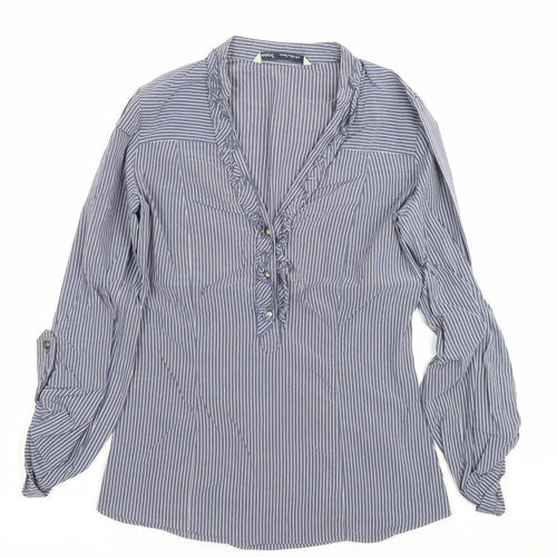Next Women’s Blue Striped Ruffle Blouse Size 8 Long Sleeve