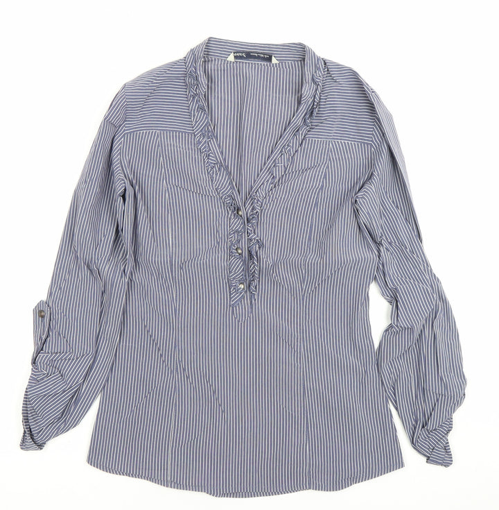 Next Women’s Blue Striped Ruffle Blouse Size 8 Long Sleeve