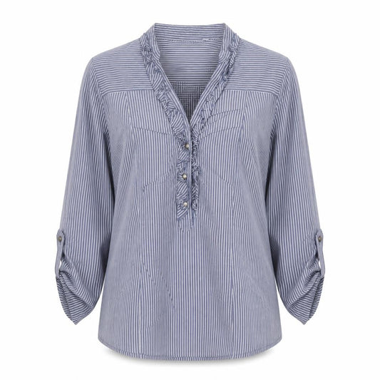 Front view of Next Women’s Blue Striped Ruffle Blouse, size UK 8, Long Sleeve