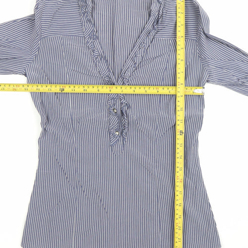 Next Women’s Blue Striped Ruffle Blouse Size 8 Long Sleeve
