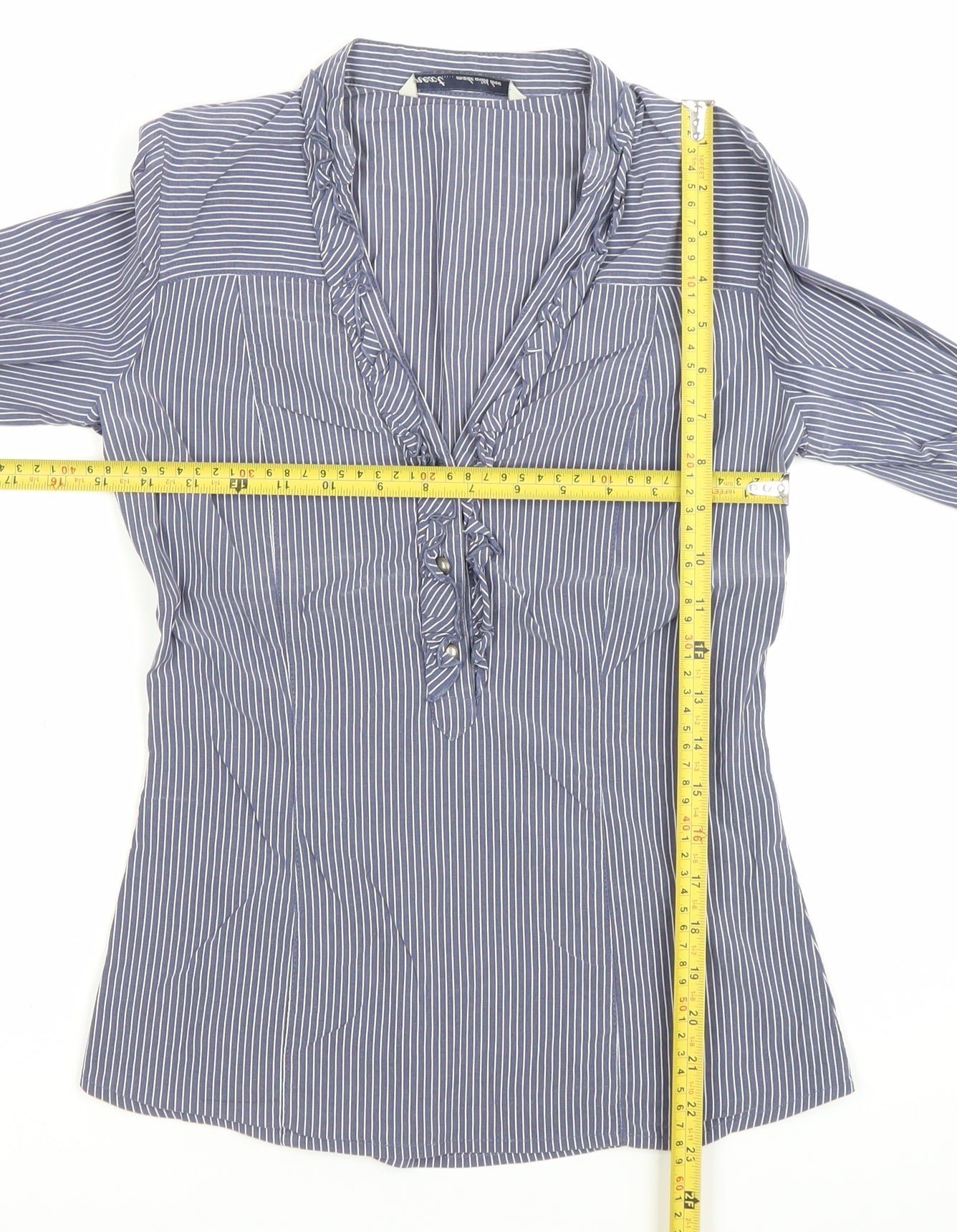 Next Women’s Blue Striped Ruffle Blouse Size 8 Long Sleeve