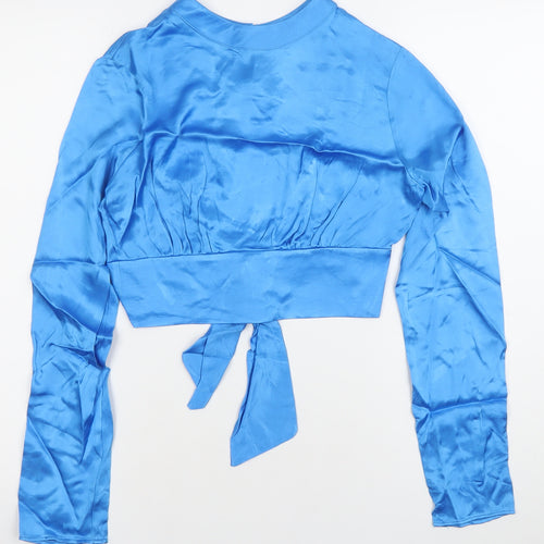 Bershka Women’s Blue Satin Cropped Blouse Top S Long Sleeve Party