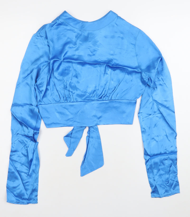 Bershka Women’s Blue Satin Cropped Blouse Top S Long Sleeve Party
