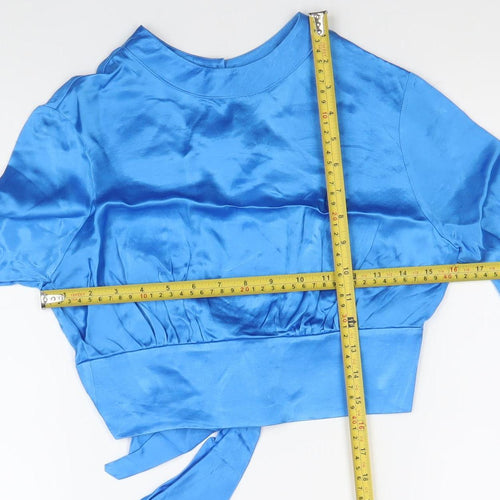 Bershka Women’s Blue Satin Cropped Blouse Top S Long Sleeve Party