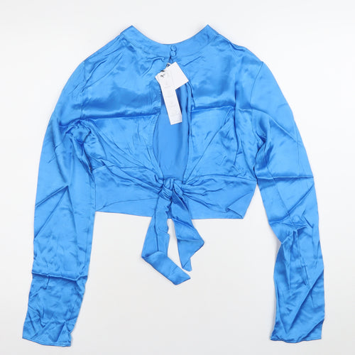 Bershka Women’s Blue Satin Cropped Blouse Top S Long Sleeve Party