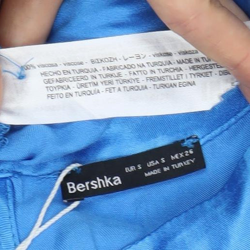 Bershka Women’s Blue Satin Cropped Blouse Top S Long Sleeve Party