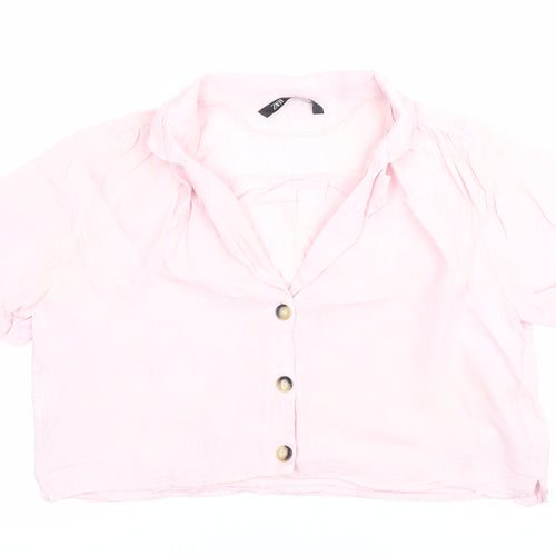 Zara Women Pink Linen Cropped Button-Up Shirt Size M