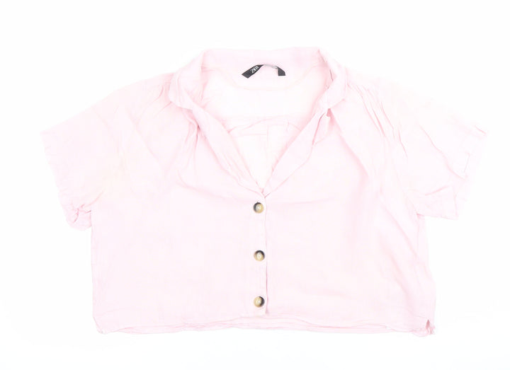 Zara Women Pink Linen Cropped Button-Up Shirt Size M