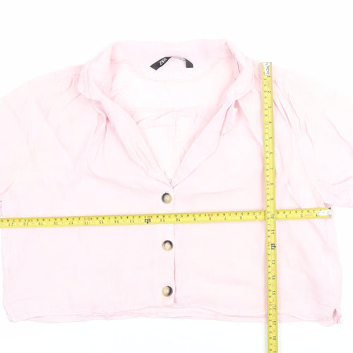 Zara Women Pink Linen Cropped Button-Up Shirt Size M