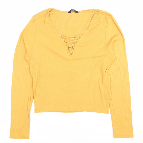 New Look Women’s Yellow Long Sleeve Cropped Lace Up V-Neck Top Size 18