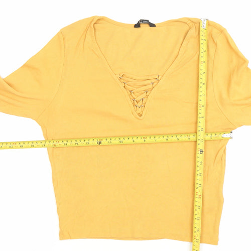 New Look Women’s Yellow Long Sleeve Cropped Lace Up V-Neck Top Size 18